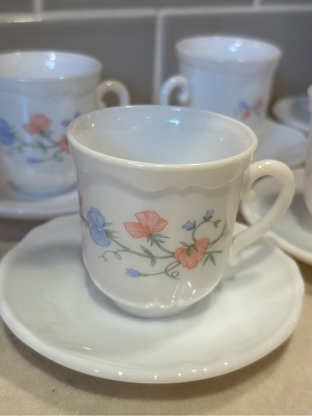 Vintage Arcopal France Milk Glass Espresso Cups And Saucers Set 6 "sweet pea"